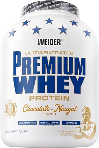 Weider Premium Whey Protein Pulver, unverschämt leckeres Eiweißpulver mit Whey Isolat für Muskelaufbau mit hohem Anteil an EAA, BCAA und freiem L-Glutamin, perfekte Löslichkeit, Schoko-Nougat, 2,3kg