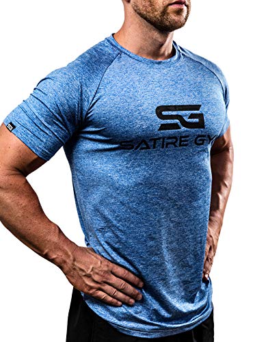 Satire Gym® - Fitness Slim Fit T-Shirt Herren/Funktionelles & schnell trocknendes Sportshirt Herren Kurzarm – Herren Fitness Shirt als Bodybuilding Shirt & Workout Gym Shirt (XXL, blau meliert)